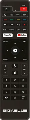 A black remote control with various buttons and labels, presented against a black background.