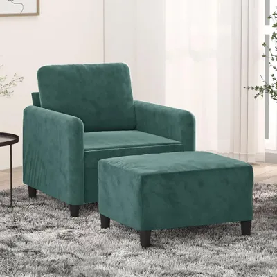 Zdjęcie produktu dla Fotel z podnóżkiem o wysokości 60 cm, w ciemnozielonym kolorze, wykonany z aksamitu, idealny do salonu i relaksu – wytrzymały materiał obiciowy i solidna konstrukcja