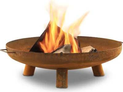 A rusty metal fire pit with burning logs inside, set against a white background.