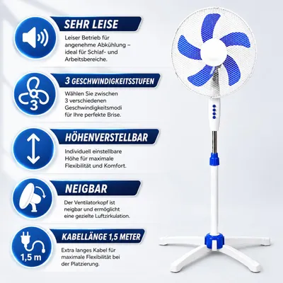 Produktbild von Standventilator 5 Rotorblätter Ventilator Luftkühler Standlüfter 3 Stufen Oszillation Höhenverstellbar Neigbar & Leise 16" Zoll 40cm Blau Weiß