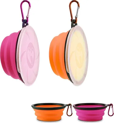 Produktbild von 2 Stück Hundenapf Faltbar, Haustier Reisenapf mit Deckel und Haken, Tragbare Silikon Fressnapf, Hundeschüssel für Reise Spaziergänge Zwinger Camping(350ml, Orange und Pink)