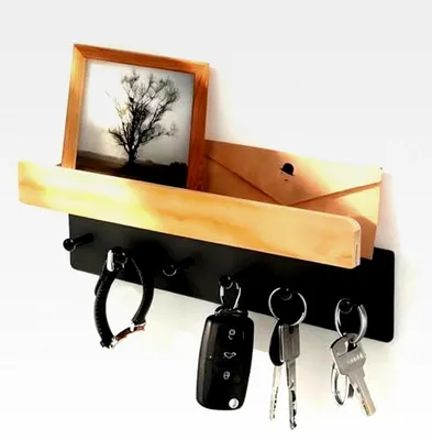 Produktbild von Schlüsselbrett Holz mit Ablage, 6 Haken Schlüsselaufhänger, Schlüsselhalter Wand Schwarz, Schlüssel Aufhänger Wand mit Montagezubehör, für Flur, Wohnzimmer, Diele