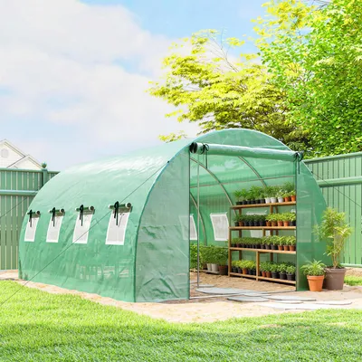 Produktbild von Gewächshaus PE-Folie 140 g/m², Foliengewächshaus 4x3x2 m, verzinkter Stahlrahmen, Grün | 23,5 kg | 2 Rolltüren, 8 Netzfenster | 400 x 295 x 200 cm
