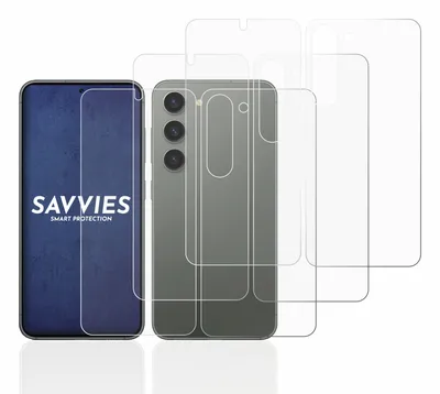 A smartphone with screen protectors and back protectors laid out.