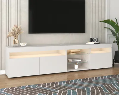 Immagine prodotto di Mobile TV STILVORA con illuminazione a LED, mobile TV basso con piano lucido e laminato in vetro, 3 pannelli delle ante a tre strati, bianco