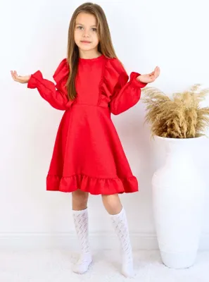 Produktbild von Rotes Mädchen Leinenkleid – Langarm mit Rüschen