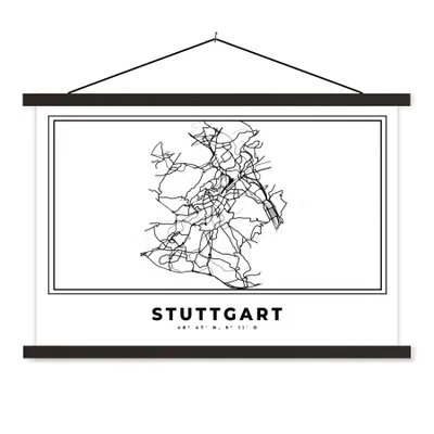 Produktbild von MuchoWow® Textilposter Stadtplan - Deutschland - Schwarz und weiß - Stuttgart - Karte 90x60 cm mit schwarzem Rahmen - Aufhängungssatz