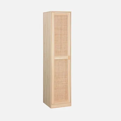 A tall, narrow wooden cabinet with a rattan woven door.