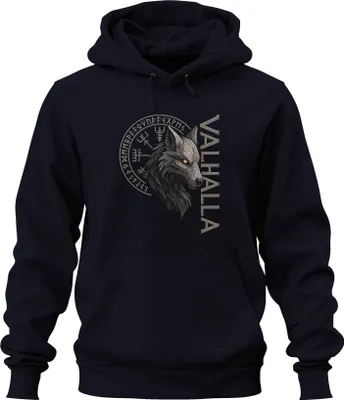 Produktbild von Valhalla Wikinger Wolfskopf Runen Nordische Mythologie Fenrir Uni Hoodie Kapuzenpullover, Navy, XL
