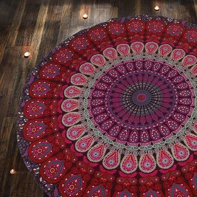 Obrázok produktu pre Unyqoos® Lila kruhová plážová deka s mandalou, priemer 50 palcov, 100% bavlna – boho/hippie plážová deka, pikniková/stolová deka a dekorácia na stenu na meditáciu