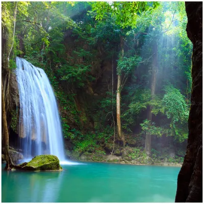 Produktbild von Wallario Premium Glasbild, freischwebende Optik, kräftige Farben, Größe 30 x 30 cm Motiv Wasserfall im Wald am See  Idylle in Thailand