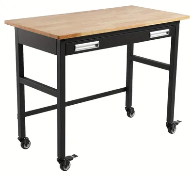 Image de Table de travail - Table d'atelier - Table d'atelier sur roulettes - Table d'atelier avec tiroir - Table d'atelier mobile - Plan de travail en bois de 122 cm