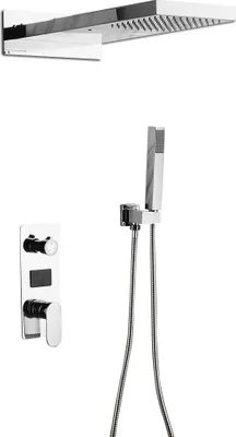 A modern bathroom shower set with a wall-mounted rain shower head, a handheld shower, and a control panel with a digital display.
