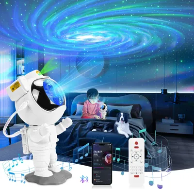 Productafbeelding van LED-projector voor een sterrenhemel met astronautenmotief, nachtlamp met een groot bereik, sterrenprojector met een galaxie-effect, inclusief Bluetooth-luidspreker en afstandsbediening
