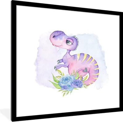 Produktbild von MuchoWow® Gerahmtes Poster Dinosaurier - Kinderzimmer - Aquarell - Mädchen - Kinder - Rosa 40x40 cm - Poster mit Schwarzem Bilderrahmen Wandposter Rahmen Foto Bilder - Poster - Plakat im Rahmen