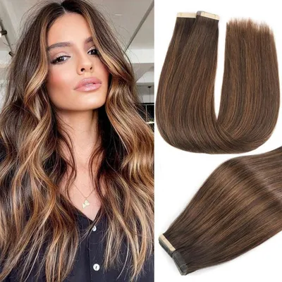 Obrázek produktu pro Pásky na prodlužování vlasů, přírodní vlasy, balayage, hnědá, 40 kusů, 55 cm, 100 g, tmavě hnědá, ombre