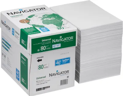 Two boxes of Navigator Universal paper are stacked, with a ream of paper to the right.