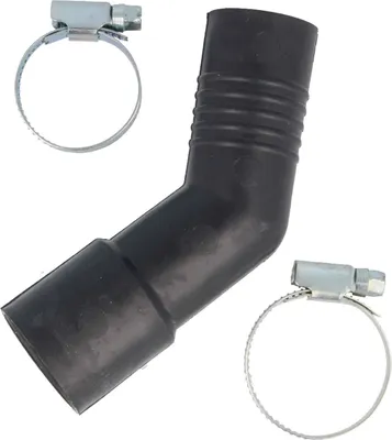 A black angled hose connector with two hose clamps on a white background.