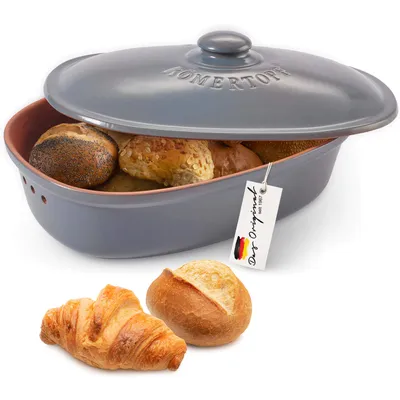 Produktbild von Römertopf Brottopf Keramik, atmungsaktiv für langanhaltende Frische, verhindert Schimmelbildung, für knuspriges Brot, Blau-Grau, MAXI 6.5 Liter, oval