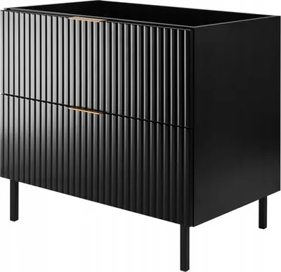 A black vanity cabinet with fluted drawers and gold handles, shown from a front-side angle on a white background.