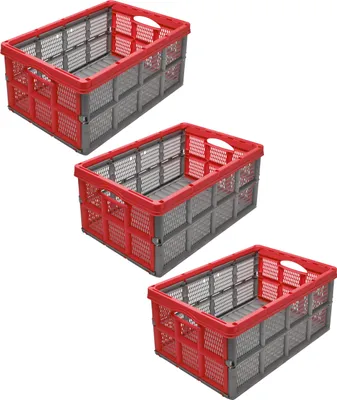 Produktbild von Garronda 3 Stück Transportbox Klappbox Klappkiste Faltbox Faltkiste 51 x 34,5 x 22,5 cm (Grau/Rot) GD-CRI-FoldBox