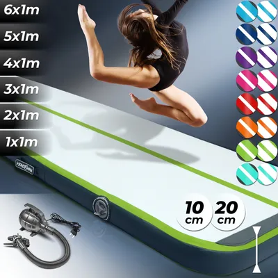 A gymnast in mid-air above an inflatable air track mat, with various size options and color swatches displayed.