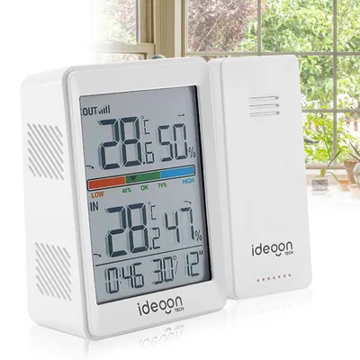 Produktbild von Thermometer und Hygrometer für innen & aussen, inklusive Funk-Aussensensor mit 60m Reichweite - Präzise Messungen für bestes Raumklima
