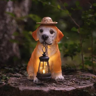 Productafbeelding van Zonne-energie Tuinbeeld Hond met LED Lantaarn - Weerbestendig Dierenbeeld voor Tuindecoratie
