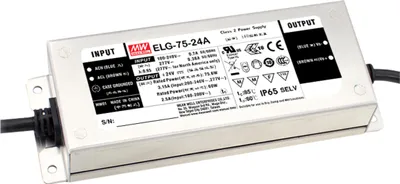 Produktbild von MEANWELL ELG-75-24AB-3Y, AC-DC LED-Installationsnetzteil, Metallgehäuse, IP65 75,6W 24V 3,15A CV+CC dimm + PE