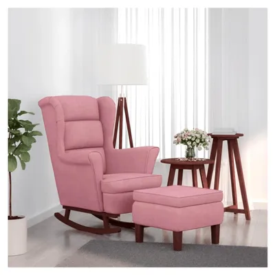 Produktbild von Schaukelsessel und Hocker mit Holzbeinen aus rosa Samt