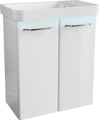 Produktbild von FACKELMANN MILANO Badmöbel Set 3 Teile / Waschbecken / Waschbeckenunterschrank mit 2 Türen / LED-Beleuchtung / Badschrank mit Soft-Close / Gäste WC Set / Korpus & Front: Weiß / Breite: 55 cm
