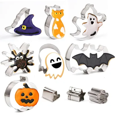 Image de Ensemble de 10 emporte-pièces en acier inoxydable sur le thème d'Halloween : chauve-souris, citrouille, chat, fantôme. Idéal pour décorer des gâteaux et pâtisseries lors de fêtes et événements à la maison