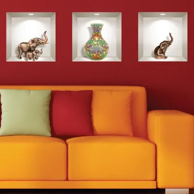 Image de Autocollants 3D représentant des éléphants et un vase antique, 40 x 120 cm