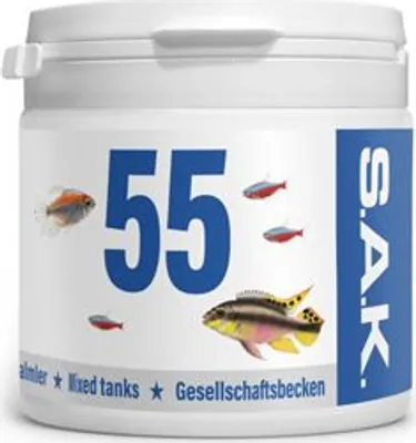 Produktbild von S.A.K. 55 - Komplettes vollwertiges Alleinfuttermittel für alle Zierfischarten. Granulat 75 g (150 ml) Granulatgröße 1 Körnung 0.7 - 1.0 mm - Fischgröße 3 - 5 cm