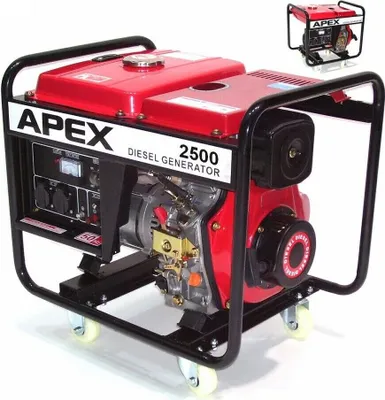 A red and black diesel generator with wheels, shown on a white background. A smaller inset image of the same generator is in the top right corner.