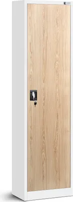 A tall, narrow cabinet with a white frame and a wood-grain door.