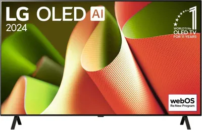 A marketing image for an LG OLED TV, featuring abstract colorful shapes and text overlays highlighting features.