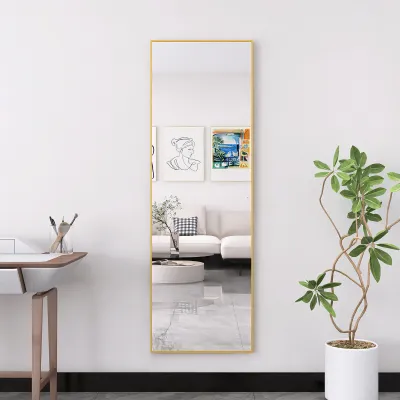 Zdjęcie produktu dla Pełnowymiarowe lusterko do makijażu, prostokątne, 162 x 53 cm, do zawieszenia lub postawienia, złote.