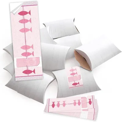 Produktbild von 25 Mini-Schachteln Geschenkschachteln WEISS 14,5 x 10,5 x 3 + 25 Aufkleber 3 FISCHE rosa-rot pink Verpackung Mitgebsel Kommunion Taufe Geburtstag give-away Gast-Geschenk
