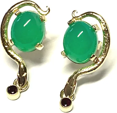 Produktbild von Ohrring 585/- Gold Chrysopras Cabochon + Rubin Handarbeit Unikatschmuck Ohrstecker Schlange