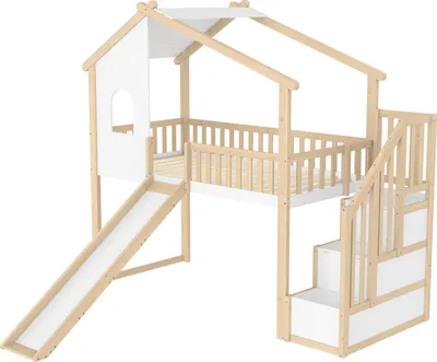 Produktbild von Flieks Etagenbett 90x200cm mit Rutsche, Kinderbett Hausbett mit Fenster und Rausfallschutz, Hochbett Stockbett für Kinderzimmer, Naturbelassen