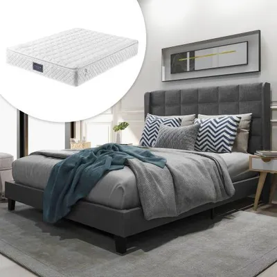 Image de Lit rembourré avec tête de lit rembourrée, lit double avec sommier à lattes, 140 x 200 cm, en lin gris, fermeté moyenne (avec matelas à ressorts)