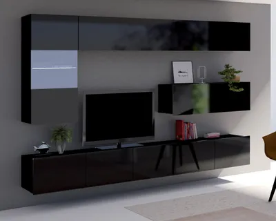 Produktbild von Wohnwand Amanda III Schrankwand mit Vitrine zwei tv-Schränke Oberschrank Gesamtbreite 255cm (Schwarz matt + Schwarz Hochglanz Fronten)