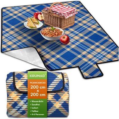 Produktbild von KRUMAD Picknickdecke Wasserdicht 200x200 cm XXL Isoliert Outdoor Campingdecke Faltbar mit Tragegriff Marineblau Orange