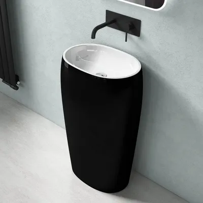 Image de doporro Lavabo Colonne Ovale Noir + Blanc Vasque sur Pied Solid Surface Lave Mains pour Salle de Bain 53,5x36x85cm Colossum32