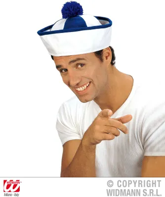 A man wearing a sailor hat and a white t-shirt, pointing at the camera.