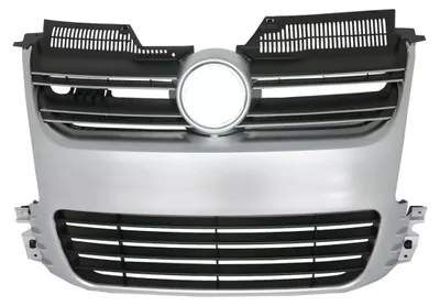 Imagen del producto de Rejilla delantera para VW Golf 5 V, modelo 2003-2007, diseño R32, con entramado de aluminio cepillado.