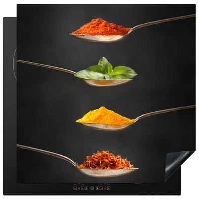 Produktbild von KitchenYeah© Herdabdeckplatte Kräuter - Löffel - Gewürze - Schwarz - Italienisch , 78x78cm, Küche Deko, Glaskeramikkochfeld Herdabdeckung, Abdeckplatte fùr Kochfeld