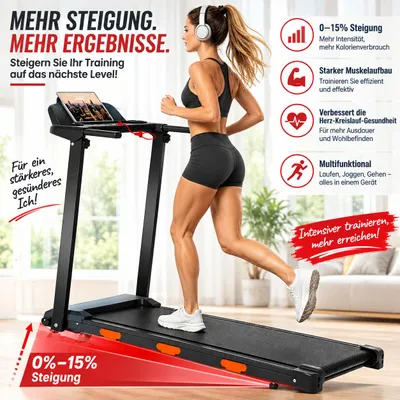 Produktbild von Laufband für Zuhause,Heimlaufband kompakt, 38×95 cm Lauffläche, robust bis 120 kg, 12 km/h, mit stufenloser Neigung bis 15%, 111 cm, 100 cm, 120 kg, 54 cm