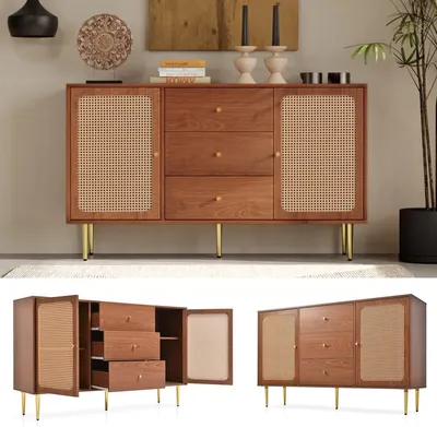 Produktbild von Kommode Verstellbare Ablage Sideboard mit 3 Schubladen und 2 Türen Rattan Wohnzimmerschränke Massivholz, für Esszimmer Wohnzimmer Schlafzimmer